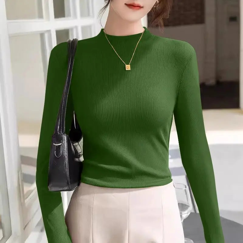 Autumn and Winter Double-sided Grinding Half-high Neck Thread Base Shirt for Women New Versatile Style Warm Long Sleeves