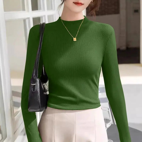 Autumn and Winter Double-sided Grinding Half-high Neck Thread Base Shirt for Women New Versatile Style Warm Long Sleeves