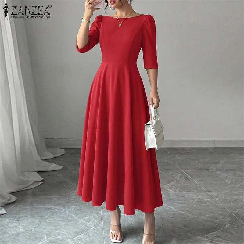 2026 Elegant Party Dress ZANZEA Women Stylish Half Sleeve A Line Dress Sundres Spring Office OL Dresses Solid Pleated Midi Robe
