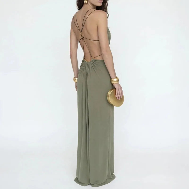 Women Elegant Halter Cutout Maxi Dress Sexy Deep V Neck Metal Chain Waist Long Dress Summer Sleeveless Backless Boho Party Dress