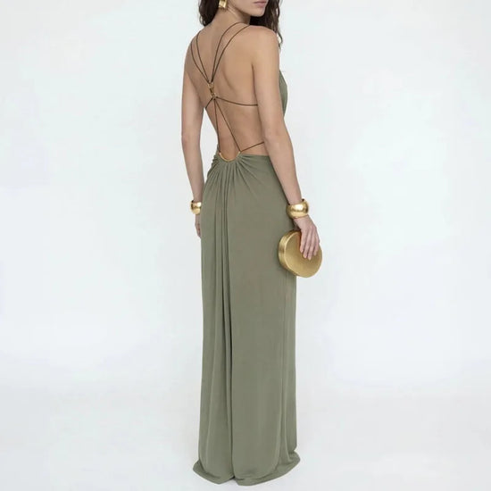 Women Elegant Halter Cutout Maxi Dress Sexy Deep V Neck Metal Chain Waist Long Dress Summer Sleeveless Backless Boho Party Dress
