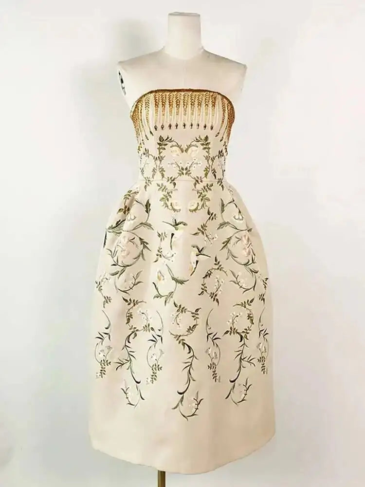 DEAT Elegant Dress Diamond Patchwork Strapless Embroidery Printing Slim Waist Women's Evening Dresses 2026 Summer New 13DB2053