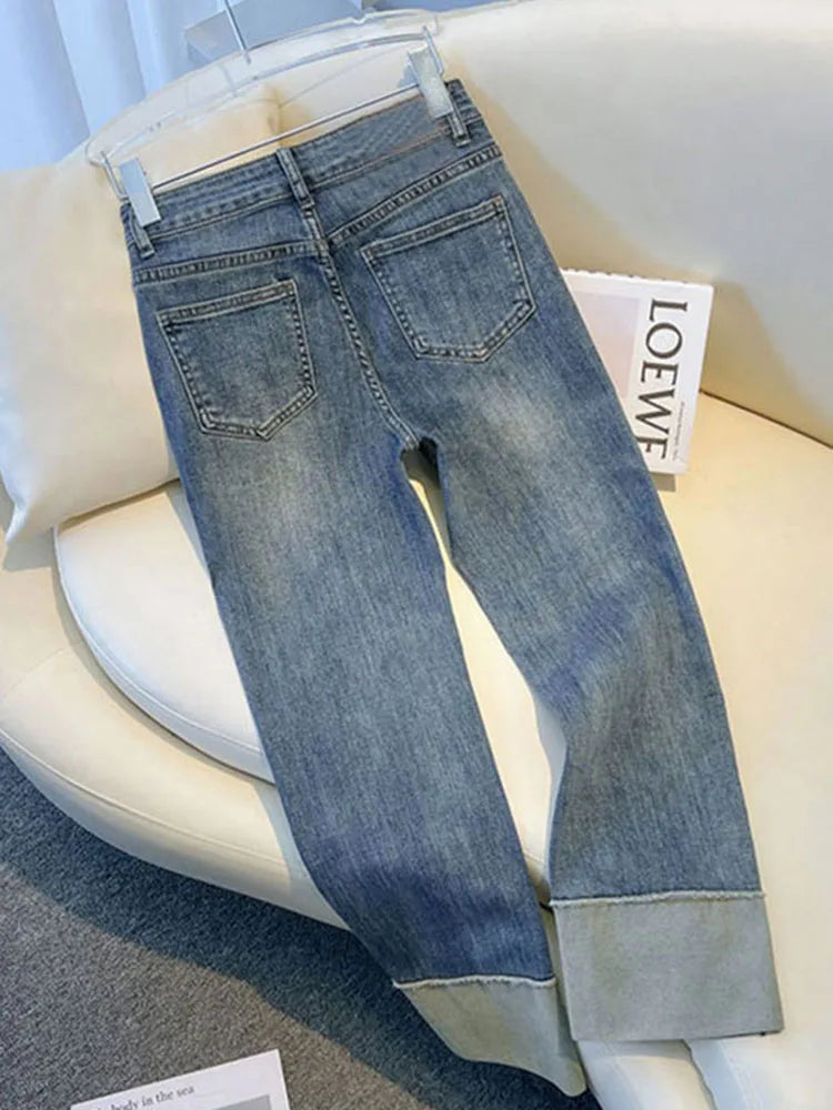 Chic Cuffs High Waist Straight Jeans Women Slim Casual Vintage Denim Pants Korean Streetwear Stretch Ankle Length Kot Pantolon