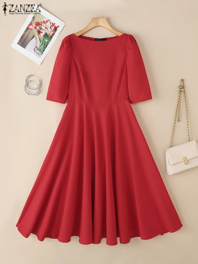 2026 Elegant Party Dress ZANZEA Women Stylish Half Sleeve A Line Dress Sundres Spring Office OL Dresses Solid Pleated Midi Robe