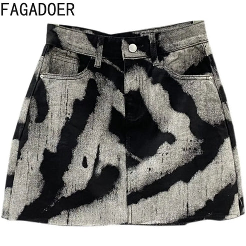 FAGADOER Gray Tie Dye Printing Fashion Denim Mini Skirts Women High Waist Button Pocket A-line Jean Skirts Sexy Y2K Streetwear