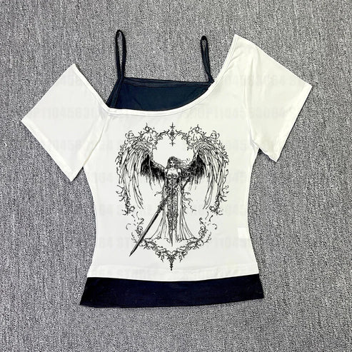 2000s Retro Goth Graphic Print Tops Harajuku Girls Clothing Y2K American style Grunge Fake two short sleeves T-shirt High Street