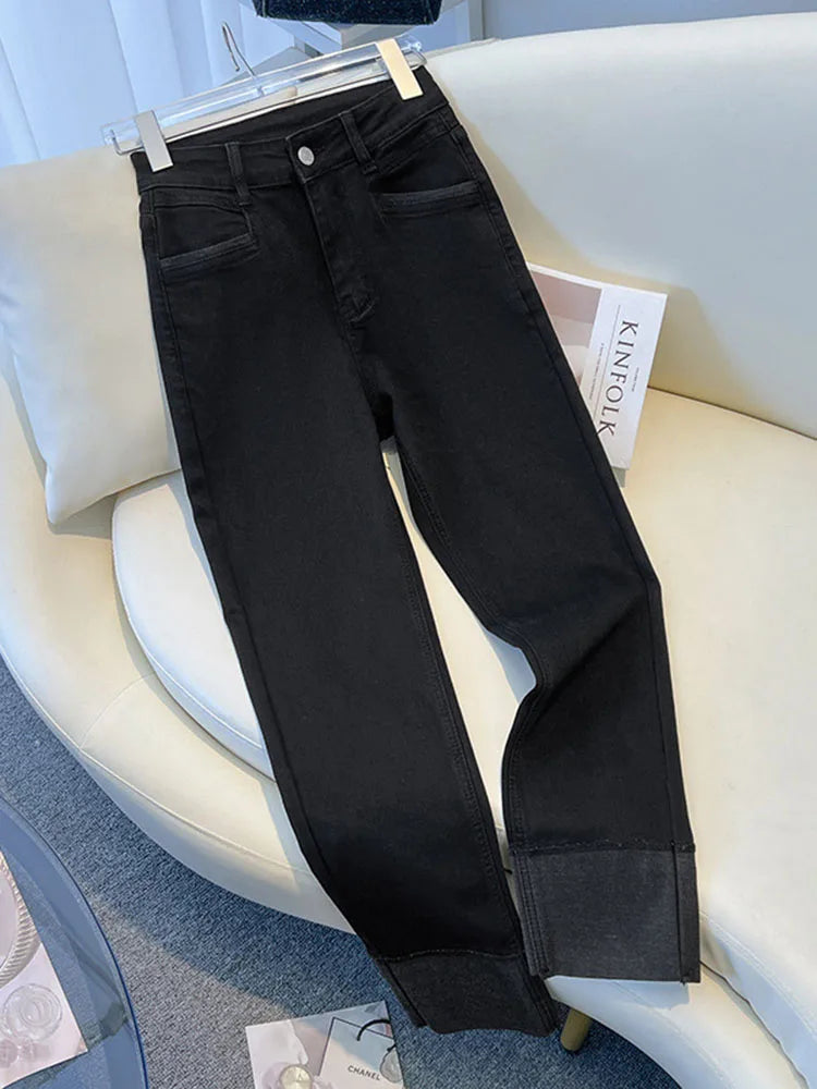 Chic Cuffs High Waist Straight Jeans Women Slim Casual Vintage Denim Pants Korean Streetwear Stretch Ankle Length Kot Pantolon