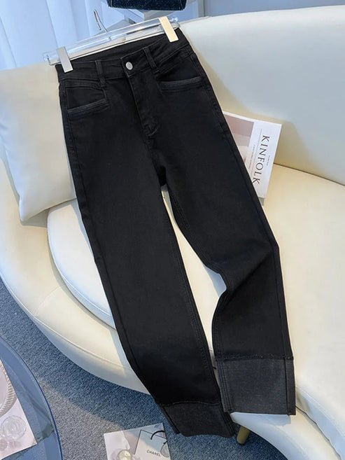 Chic Cuffs High Waist Straight Jeans Women Slim Casual Vintage Denim Pants Korean Streetwear Stretch Ankle Length Kot Pantolon