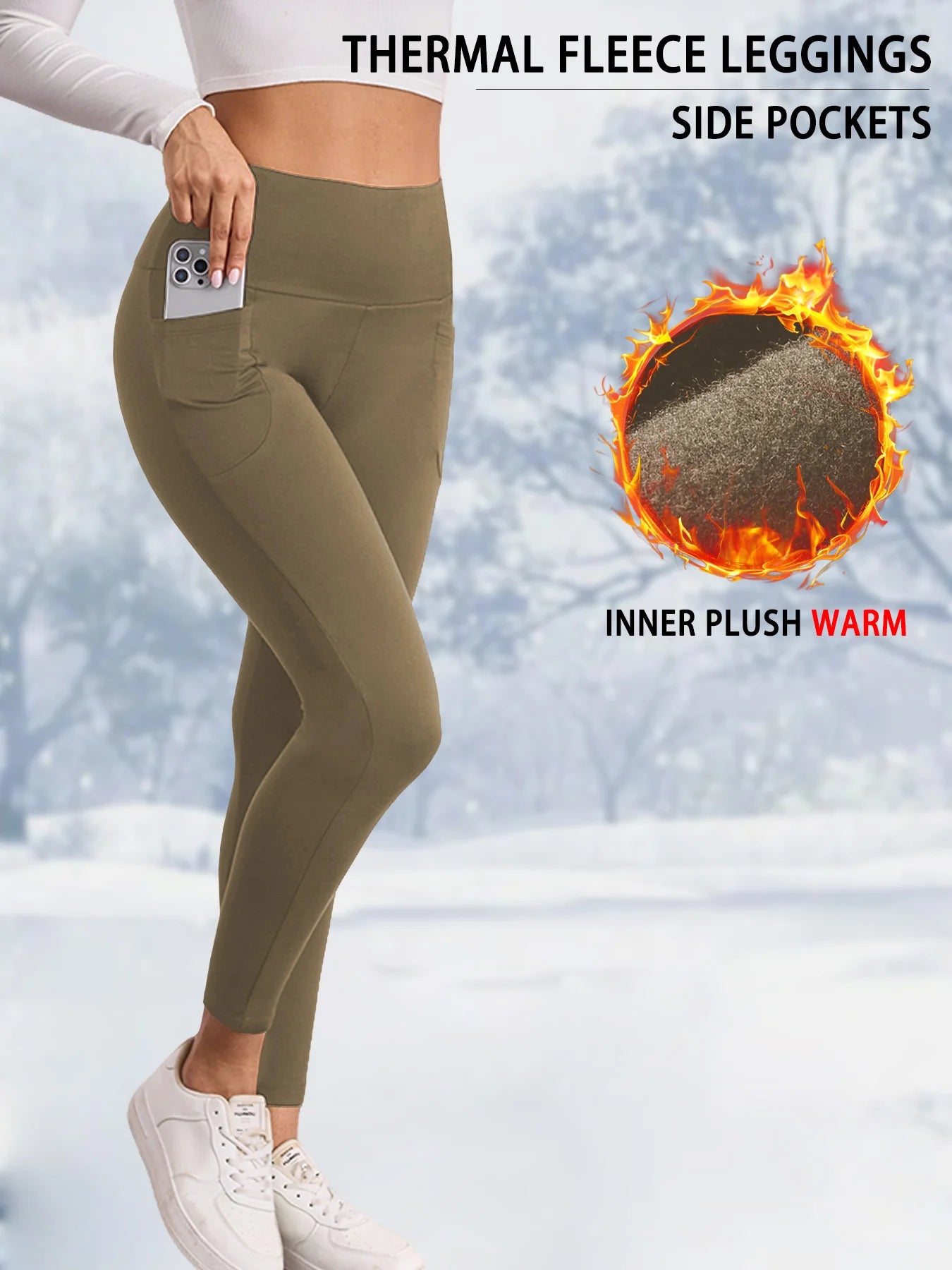 Womens Thermal Fleece Lined High Waisted With Pockets Leggings, Workout Winter Warm Thick Tights Soft Yoga Running Pants