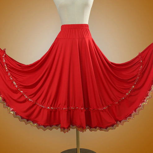 Elegant Square Danc Skirt Women National Style A-line Skirts Sequined Lace Milk Fiber Elastic-Waist Maxi Skirts 3 Kinds Lengths
