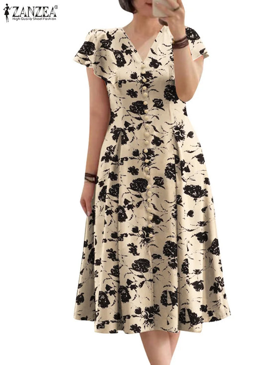 ZANZEA Woman Summer Dresses Ruffle Sleeve V-Neck Cinch Waist, Womens Elegant Floral Printing Party Commute A-Line Midi Sundress
