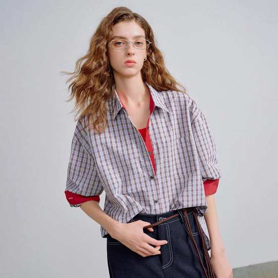 TOYOUTH Women Shirts 2026 Spring New Miu-Style Plaid Intellectual Preppy Loose Fit Retro Shirt Tops