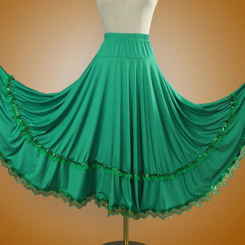 Elegant Square Danc Skirt Women National Style A-line Skirts Sequined Lace Milk Fiber Elastic-Waist Maxi Skirts 3 Kinds Lengths