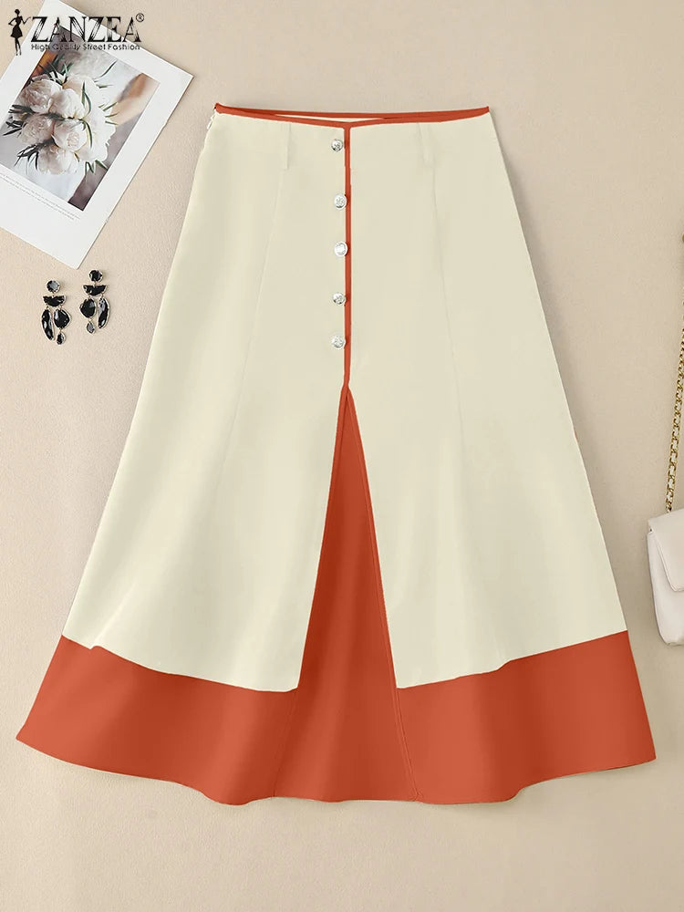 Elegant Office Skirts ZANZEA Women High Waist Patchwork Jupe 2025 Autumn Midi Skirt Robe Elegant A-line OL Work Faldas Saia