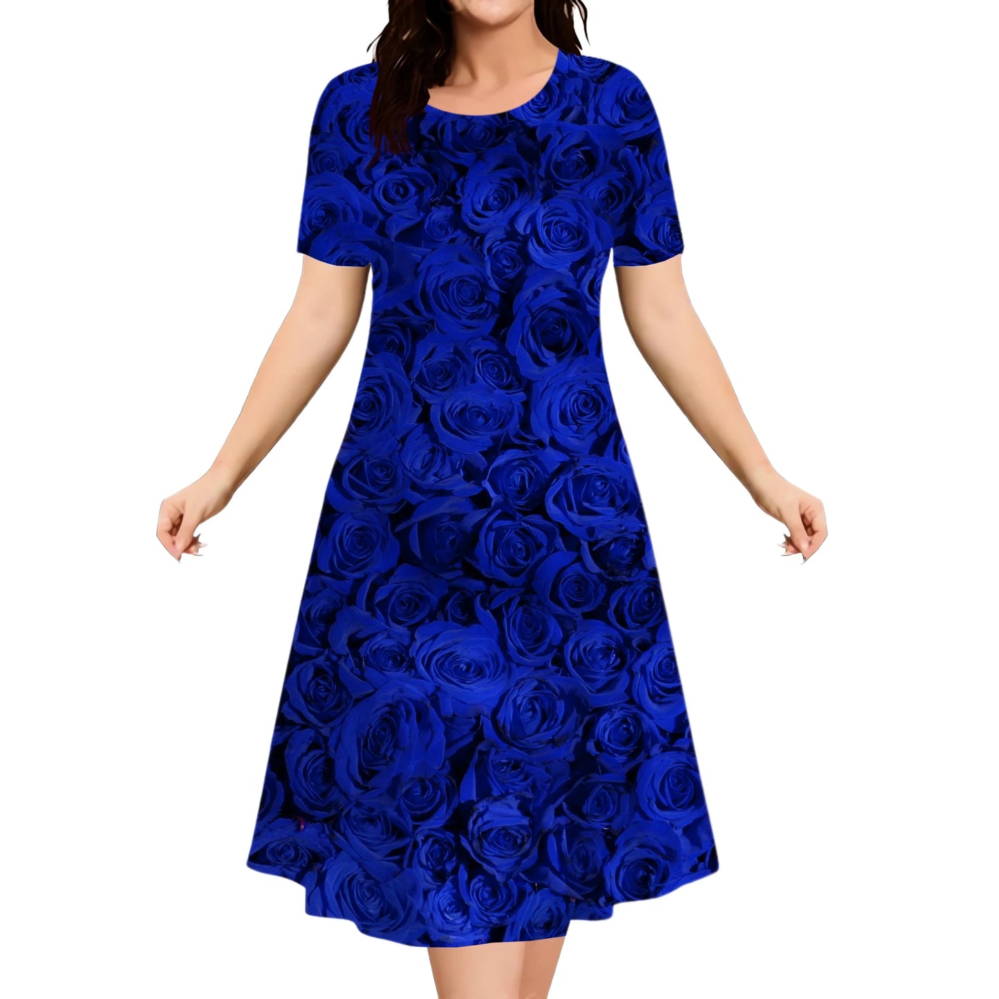 Blue Red Rose Flowers Dress Women Pullover Summer 3D Print Casual Retro Dress New 2024 Ladies Plus Size Short Sleeve Mini Dress