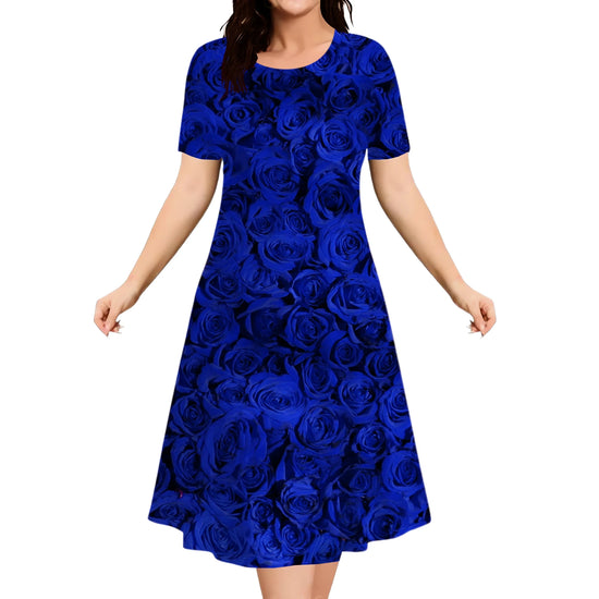 Blue Red Rose Flowers Dress Women Pullover Summer 3D Print Casual Retro Dress New 2024 Ladies Plus Size Short Sleeve Mini Dress
