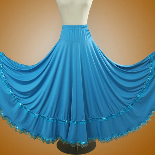 Elegant Square Danc Skirt Women National Style A-line Skirts Sequined Lace Milk Fiber Elastic-Waist Maxi Skirts 3 Kinds Lengths