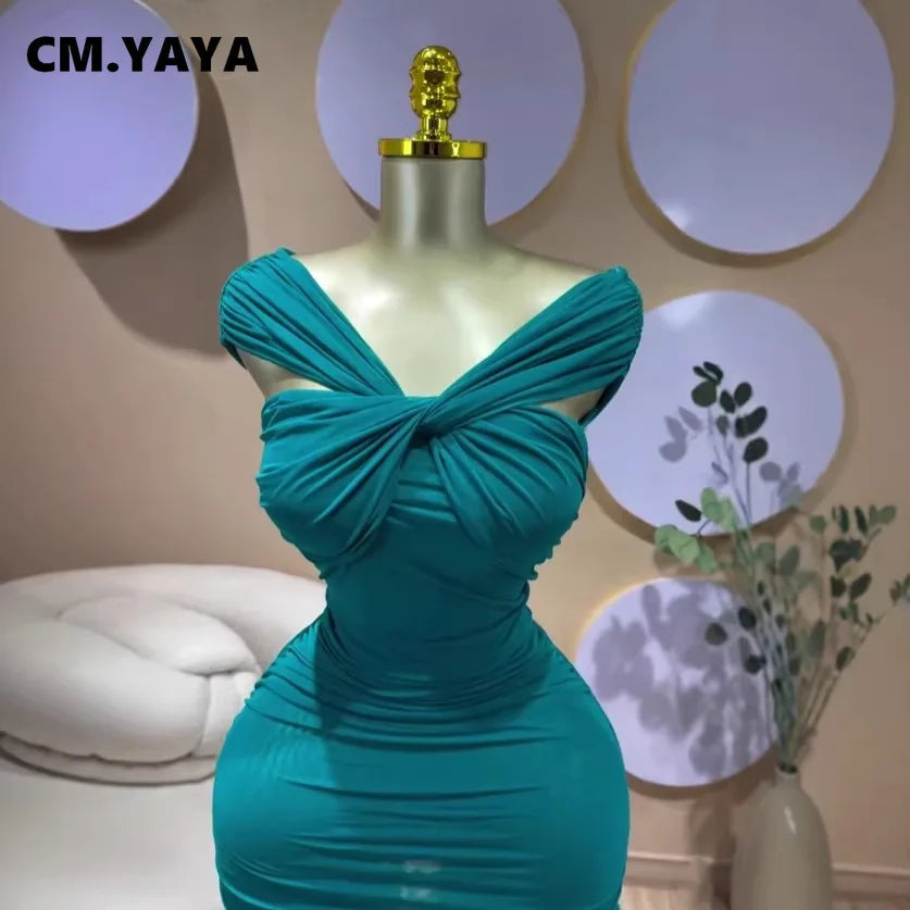 CM.YAYA Women Slash Neck Bodycon See Through Ruched Sexy Mini Dress 2026 Street Short Sleeve Party Cocktail Dresses Vestidos