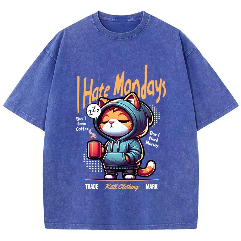 Fashion Woman Washed T-Shirts Cute Cartoons Cat Print Tee Shirts Cotton Distressed Oversize Crewneck Tops Street Female Clothes