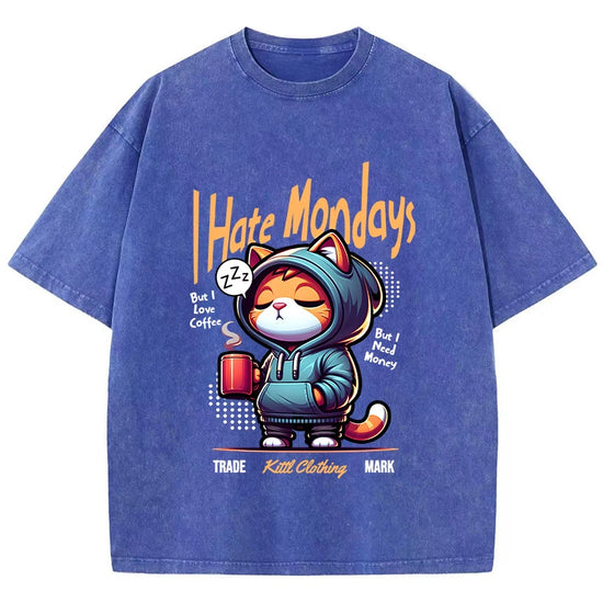 Fashion Woman Washed T-Shirts Cute Cartoons Cat Print Tee Shirts Cotton Distressed Oversize Crewneck Tops Street Female Clothes