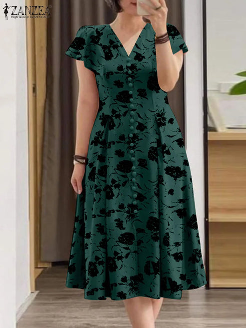 ZANZEA Woman Summer Dresses Ruffle Sleeve V-Neck Cinch Waist, Womens Elegant Floral Printing Party Commute A-Line Midi Sundress