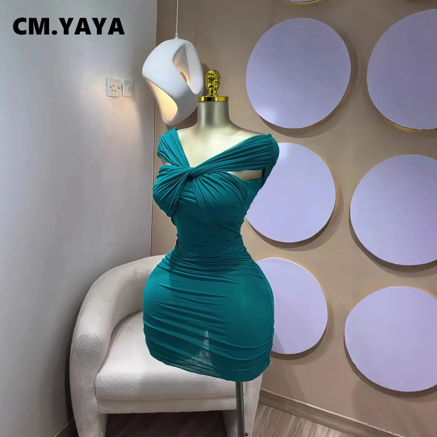 CM.YAYA Women Slash Neck Bodycon See Through Ruched Sexy Mini Dress 2026 Street Short Sleeve Party Cocktail Dresses Vestidos