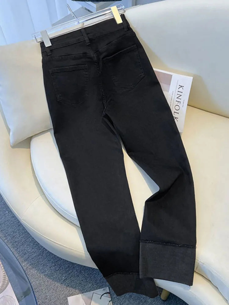 Chic Cuffs High Waist Straight Jeans Women Slim Casual Vintage Denim Pants Korean Streetwear Stretch Ankle Length Kot Pantolon