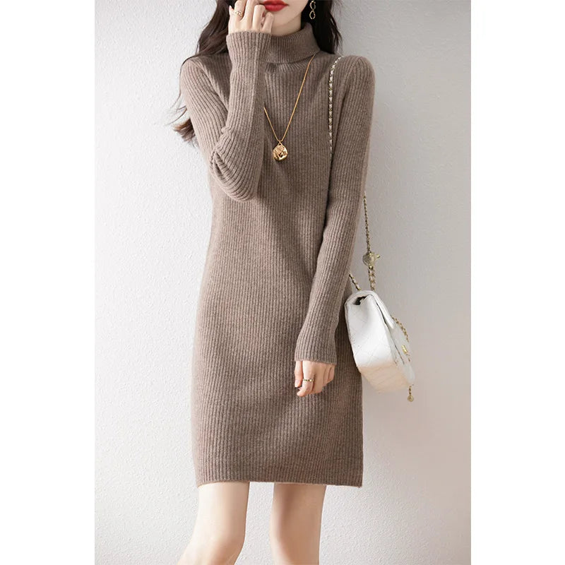 Women's Wool Short Dress Cashmere Turtleneck Pullover Sweater Autumn Winter  100% Merino Wool Knitwear Office Lady Basic Dress