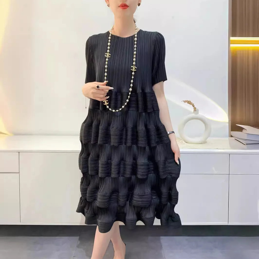 Miyake Pleated Dress Women's 2024 Spring New Fashion Design Solid Color Loose Large Size High Waist Splicing Cake Skirt