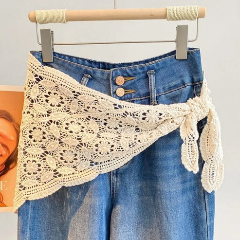 Trendy Lace Trim Fart Curtain Hollowed-out Slim Fit Hip Curtain Y2K Pretty Apron Wrap Skirt Summer