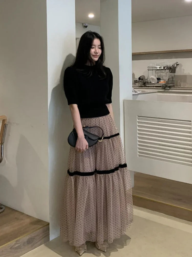 Korobov Polka Dot Gauze A-line Skirt Female Summer Temperament Shaggy Sweet Cake Long Dress Korean Fashion Faldas
