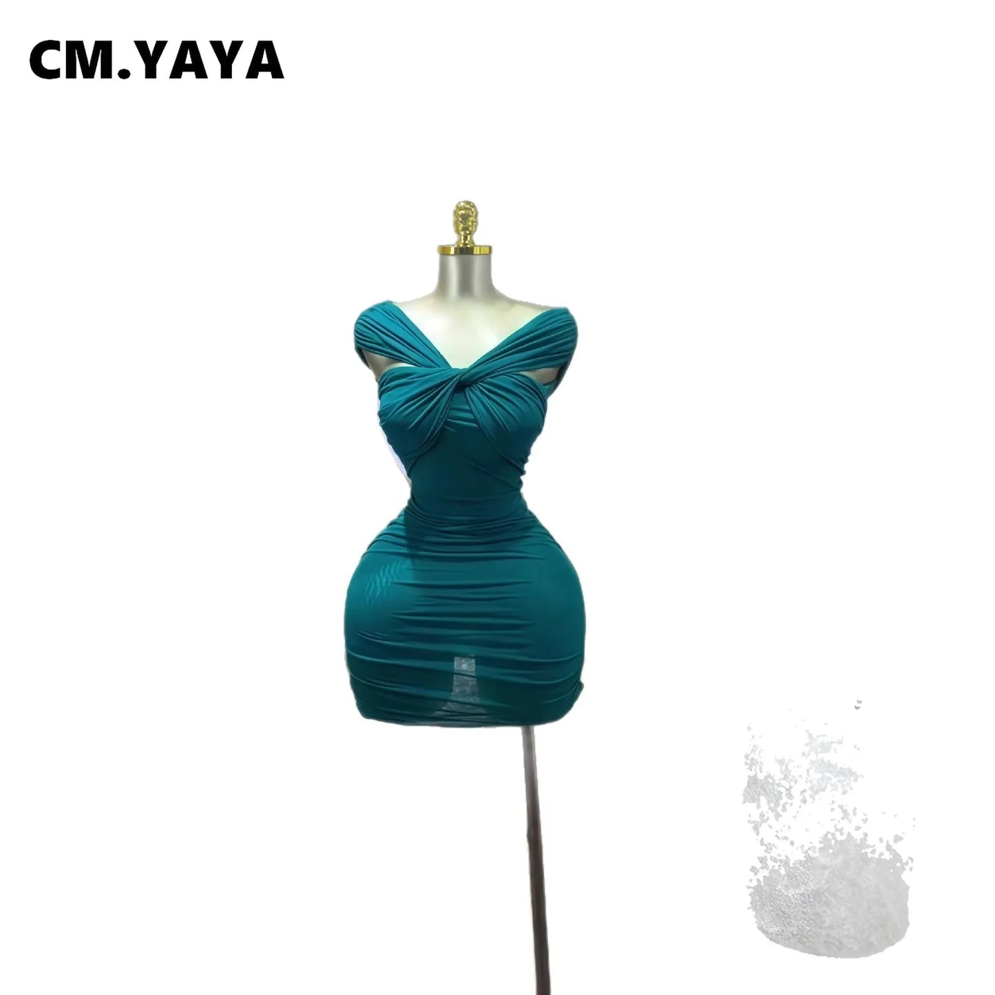 CM.YAYA Women Slash Neck Bodycon See Through Ruched Sexy Mini Dress 2026 Street Short Sleeve Party Cocktail Dresses Vestidos