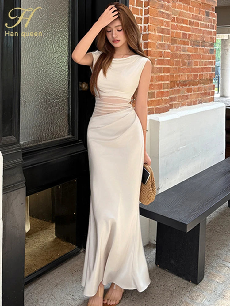 H Han Queen Ruched Sexy Maxi Tank Mermaid Dress Women Summer Beach Holiday Office Party Casual Bodycon Elegant Long Dresses