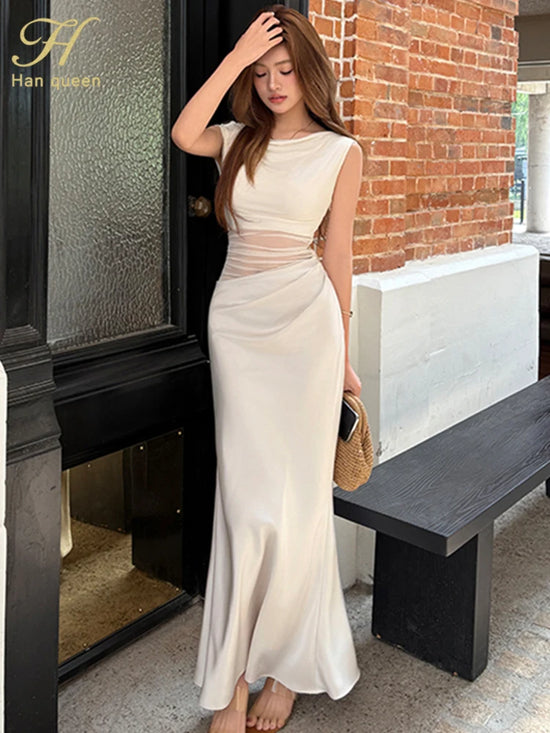 H Han Queen Ruched Sexy Maxi Tank Mermaid Dress Women Summer Beach Holiday Office Party Casual Bodycon Elegant Long Dresses