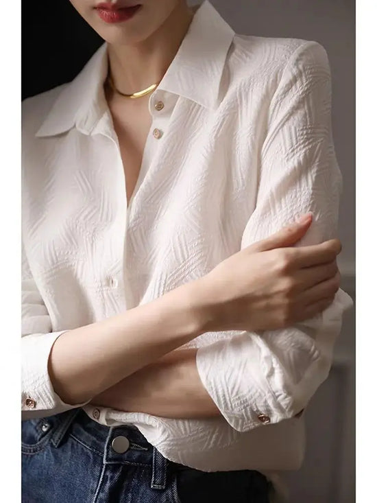 Elegant Shirts For Woman White Long Sleeve Jacquard Weave Button Turn Down Collar Autumn Shirt Female Fashion Temperament Tops