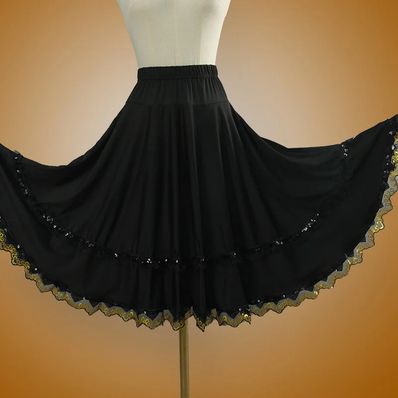 Elegant Square Danc Skirt Women National Style A-line Skirts Sequined Lace Milk Fiber Elastic-Waist Maxi Skirts 3 Kinds Lengths