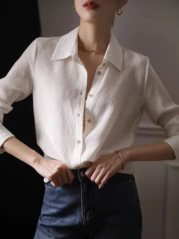 Elegant Shirts For Woman White Long Sleeve Jacquard Weave Button Turn Down Collar Autumn Shirt Female Fashion Temperament Tops