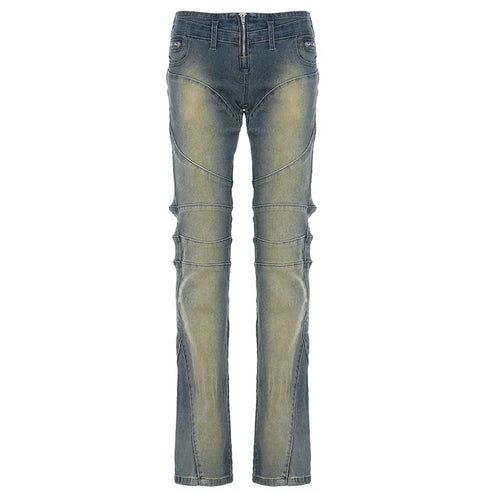 Y2K Vintage Women Pants American Retro Split Jeans Swing Festive Style Splicing High Street Slim Fit Straight Leg Low Waist