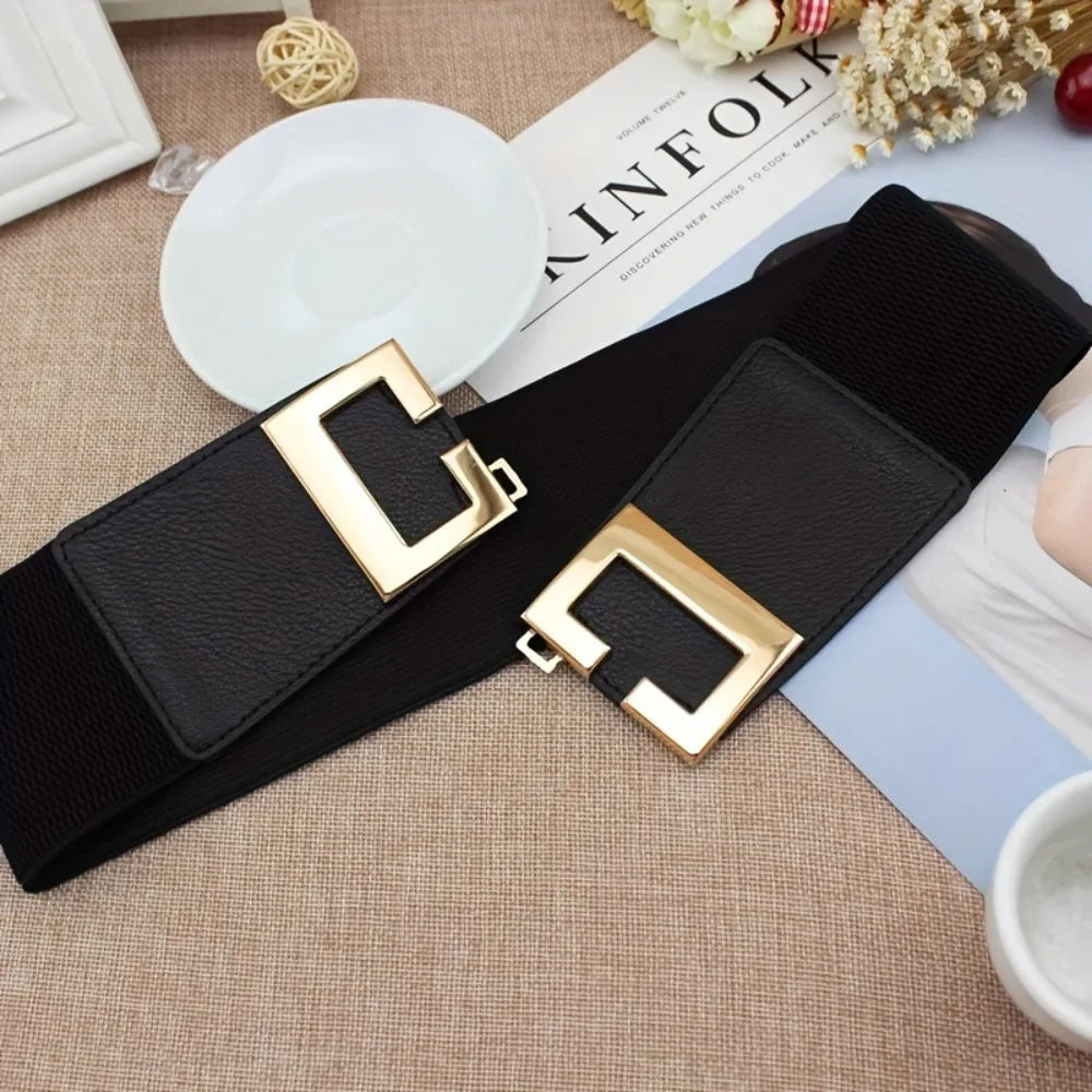 Fashion Geometric Buckle Wide Belt Black Casual Elastic Belt Elegant Dress Coat Belt Women