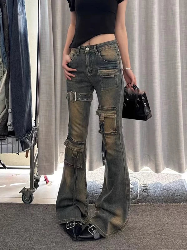 American High Street Spicy Girl Patchwork Workwear Jeans Women's Spring New Retro Wa Design Micro Flared Long Trousers