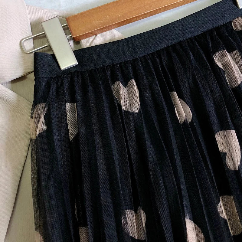 Tulle Maxi Skirt Women Fashion 2022 Spring Summer Heart Print High Waist Pleated Mesh  Long Skirt Female Aesthetic Skirt