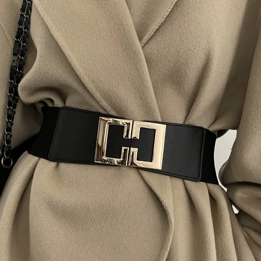 Fashion Geometric Buckle Wide Belt Black Casual Elastic Belt Elegant Dress Coat Belt Women