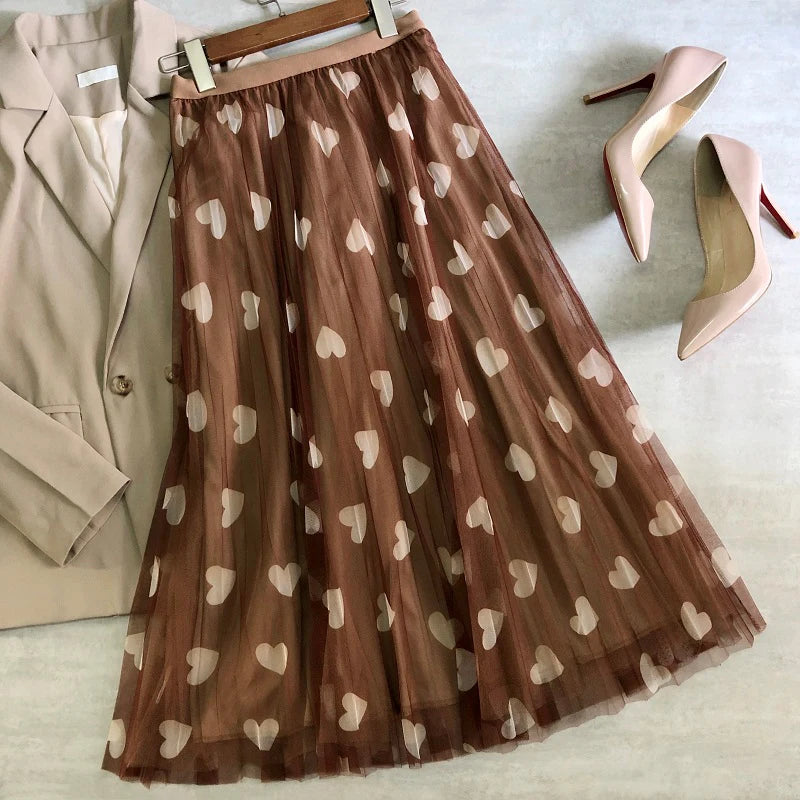 Tulle Maxi Skirt Women Fashion 2022 Spring Summer Heart Print High Waist Pleated Mesh  Long Skirt Female Aesthetic Skirt