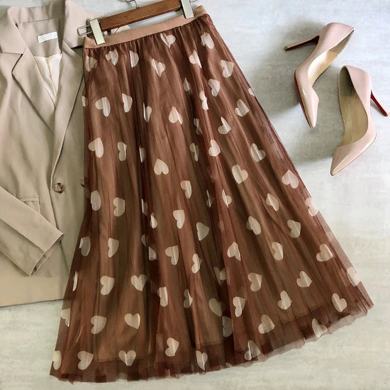 Tulle Maxi Skirt Women Fashion 2022 Spring Summer Heart Print High Waist Pleated Mesh  Long Skirt Female Aesthetic Skirt