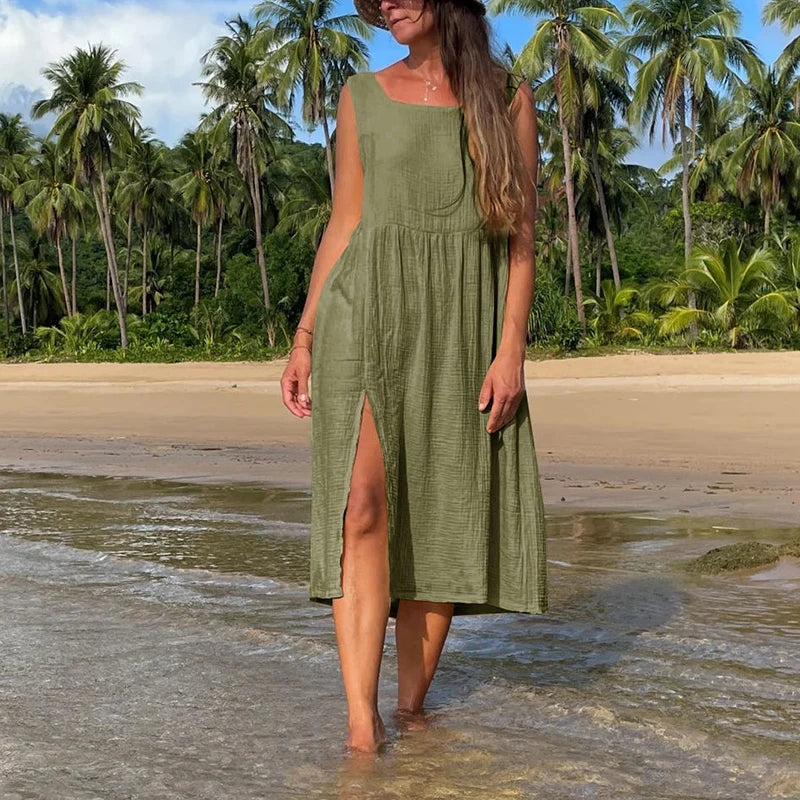 Newly 100% Cotton Gauze Dress For Women 2026 Square Collar Sleeveless Open Side Long Dress Summer Comfortable Beach Outfit