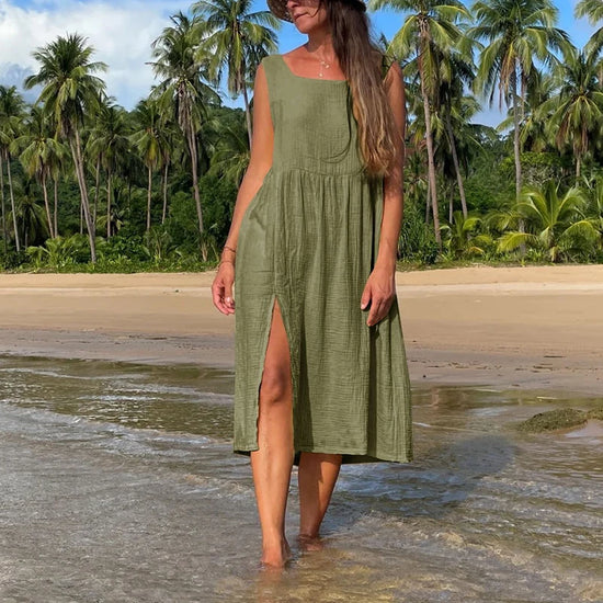 Newly 100% Cotton Gauze Dress For Women 2026 Square Collar Sleeveless Open Side Long Dress Summer Comfortable Beach Outfit