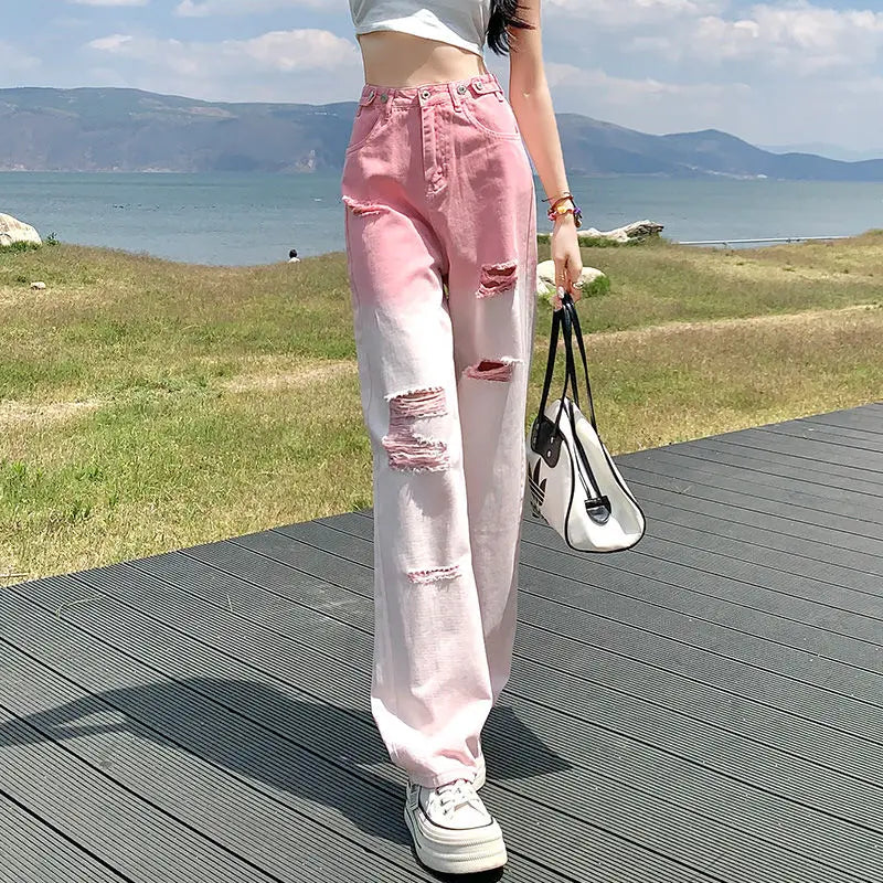 Summer New Trendy High Waist Fashion Hole Gradient Wide Leg Jeans Women's Patchwork Button Zipper Pockets Loose Straight Pants
