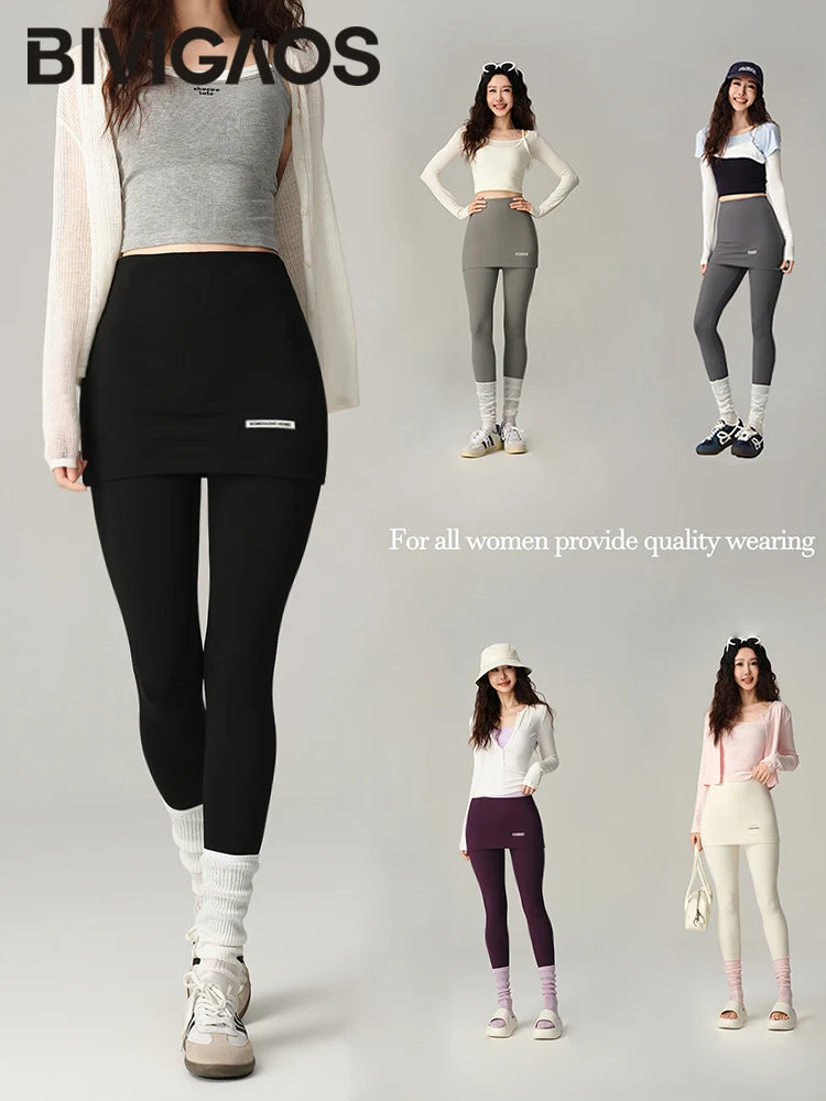BIVIGAOS New Light Oxygen Leggings Skirts Fake Two-Piece Women High Waist Tight Package Hip Leggings Yoga Sport Fitness Leggings
