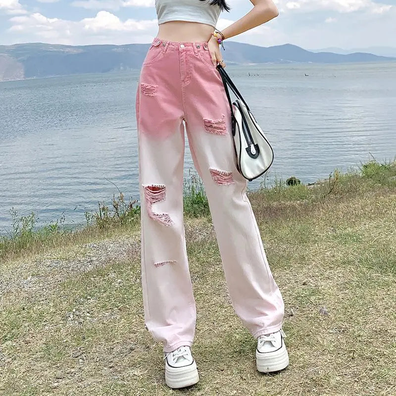 Summer New Trendy High Waist Fashion Hole Gradient Wide Leg Jeans Women's Patchwork Button Zipper Pockets Loose Straight Pants