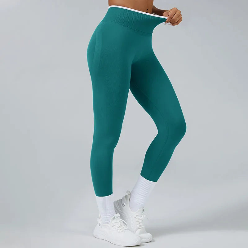Women's Seamless High Waist Yoga Leggings White Edge Waist Solid Color Hip Lifting Tight Sports Pants for Gym Running Exercise